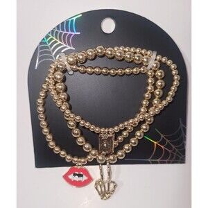 Skeleton, Vampire & Book Bead Charm Bracelets, 3ct Costume Jewelry Dracula NEW